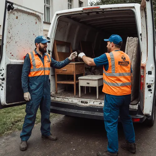 Екип от двама работника за извозване на стар шкаф